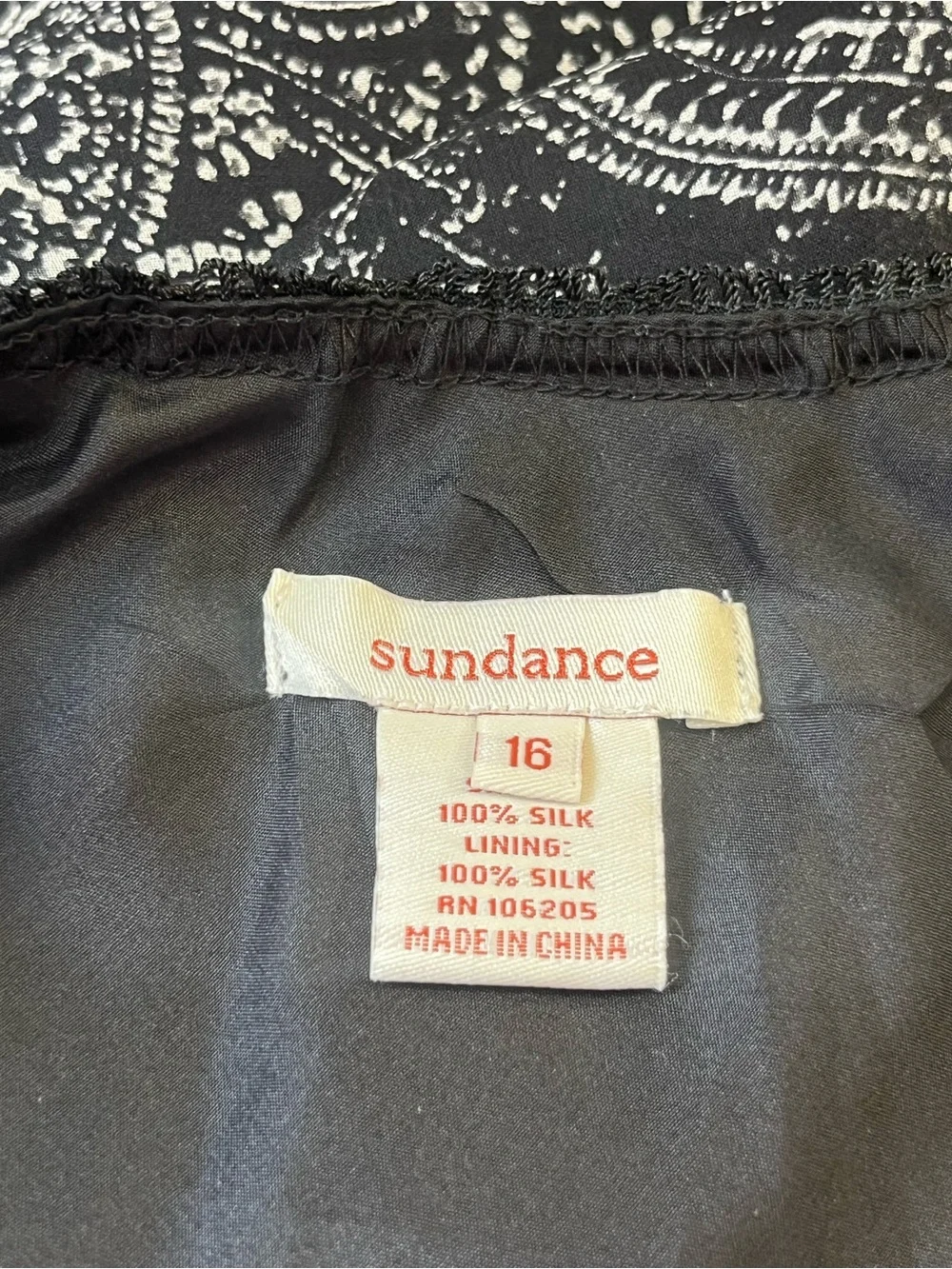 Sundance 100% Silk Paisley Midi Skirt Black White Boho Size 16